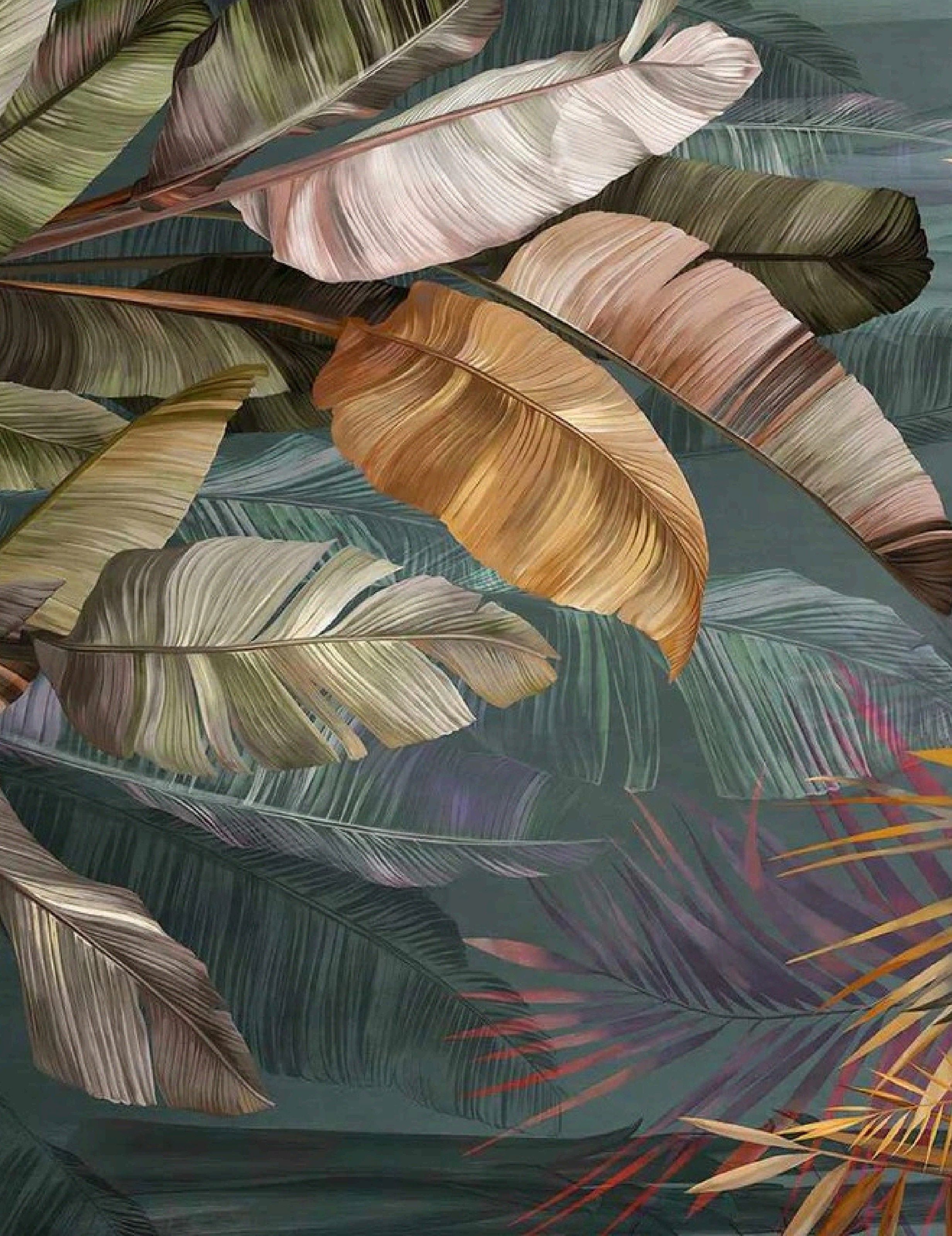 Lush botanical feathers in emerald, gold and royal tones - Kolibri brand backdrop